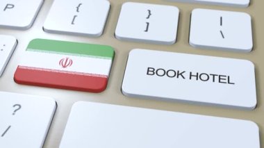 İnternet sitesi olan İran 'daki bir otel rezervasyonu. Bilgisayar klavyesindeki düğme. Seyahat konsepti 3 boyutlu animasyon. Otel metnini ve İran bayrağını ayırtın