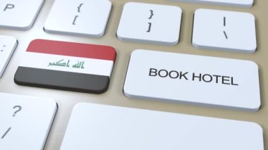 İnternet sitesi olan Irak 'ta bir otel rezervasyonu. Bilgisayar klavyesindeki düğme. Seyahat konsepti 3 boyutlu animasyon. Otel metnini ve Irak bayrağını ayırtın.