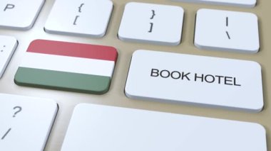 Macaristan 'da internet sitesi olan bir otel rezervasyonu. Bilgisayar klavyesindeki düğme. Seyahat konsepti 3 boyutlu animasyon. Otel metni ve Macar ulusal bayrağı rezervasyonu
