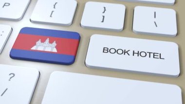 İnternet sitesi olan Kamboçya 'daki kitap oteli. Bilgisayar klavyesindeki düğme. Seyahat konsepti 3 boyutlu animasyon. Otel metni ve Kamboçya bayrağı rezervasyonu