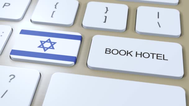 Boka Hotell Israel Med Hemsida Online Knapp Datorns Tangentbord Resekoncept — Stockvideo