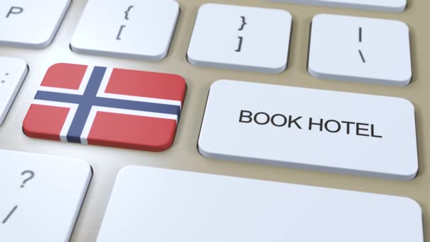 Забронируйте Отель Норвегии Веб Сайтом Онлайн Кнопка Клавиатуре Компьютера Концепция — стоковое видео