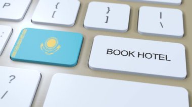 İnternet sitesi olan Kazakistan 'daki bir otel rezervasyonu. Bilgisayar klavyesindeki düğme. Seyahat konsepti 3 boyutlu animasyon. Otel metni ve Kazakistan ulusal bayrağını ayırtın.