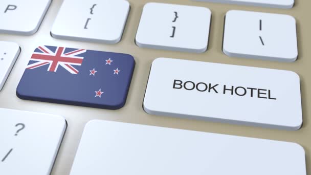 Reservar Hotel Nueva Zelanda Con Sitio Web Línea Botón Teclado — Vídeos de Stock