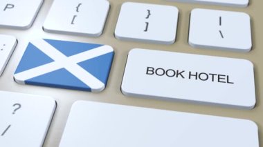 İnternet sitesi olan İskoçya 'da bir otel rezervasyonu. Bilgisayar klavyesindeki düğme. Seyahat konsepti 3 boyutlu animasyon. Otel metni ve İskoç bayrağı rezervasyonu
