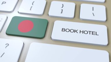 İnternet sitesi olan Bangladeş 'teki kitap oteli. Bilgisayar klavyesindeki düğme. Seyahat konsepti 3 boyutlu animasyon. Otel metni ve Bangladeş ulusal bayrağını ayırtın