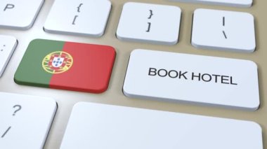 İnternetteki internet sitesi ile Portekiz 'de bir otel rezervasyonu. Bilgisayar klavyesindeki düğme. Seyahat konsepti 3 boyutlu animasyon. Otel metni ve Portekiz bayrağını ayırtın.