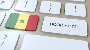 Senegal 'de internet sitesi olan bir otel rezervasyonu. Bilgisayar klavyesindeki düğme. Seyahat konsepti 3 boyutlu animasyon. Otel metni ve Senegal bayrağını ayırtın.