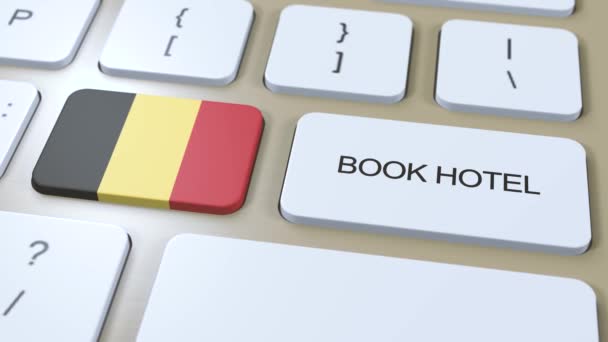 Reservar Hotel Bélgica Con Sitio Web Línea Botón Teclado Del — Vídeos de Stock