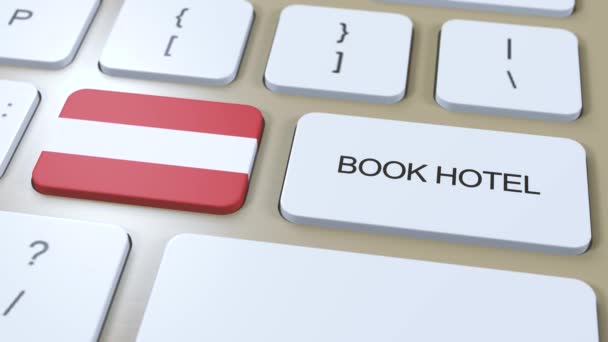 オーストリアのホテルをオンラインで予約してください コンピューターのキーボードのボタン 旅行のコンセプト3Dアニメーション ホテルのテキストとオーストリア国旗を予約する — ストック動画
