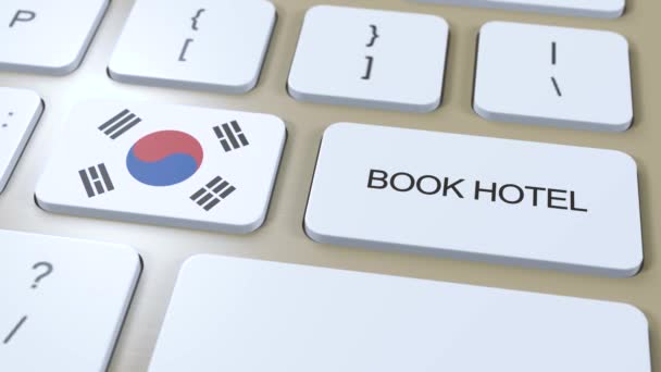 Бронирование Отелей Южная Корея Веб Сайтом Онлайн Кнопка Клавиатуре Компьютера — стоковое видео