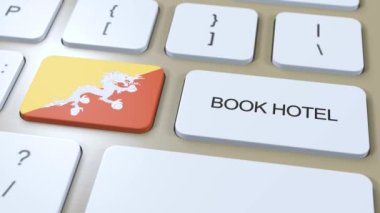 Bhutan 'da internet sitesi olan bir otel rezervasyonu. Bilgisayar klavyesindeki düğme. Seyahat konsepti 3 boyutlu animasyon. Otel metni ve Bhutanese ulusal bayrağını ayırtın