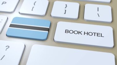 Botswana 'da internet sitesi olan bir otel rezervasyonu. Bilgisayar klavyesindeki düğme. Seyahat konsepti 3 boyutlu animasyon. Otel metni ve Batswana ulusal bayrağını ayırtın