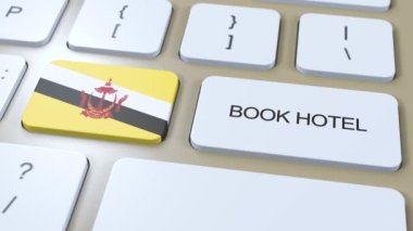 Brunei 'de internet sitesi olan bir otel rezervasyonu. Bilgisayar klavyesindeki düğme. Seyahat konsepti 3 boyutlu animasyon. Otel metni ve Bruneian ulusal bayrağını ayırtın