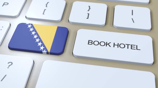 ホテルでボスニア ヘルツェゴビナのウェブサイトをオンラインで予約します コンピューターのキーボードのボタン 旅行のコンセプト3Dアニメーション ホテルのテキストとボスニア ヘルツゴヴィア国旗 — ストック動画