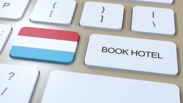 ホテルでルクセンブルク ルクセンブルク コンピューターのキーボードのボタン 旅行のコンセプト3Dアニメーション ホテルのテキストとルクセンブルク国旗を予約する — ストック動画