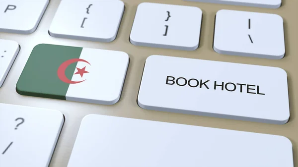 Book hotel in Algeria with website online. Button on computer keyboard. Travel concept 3D animation. Book hotel text and national flag. 3D illustration.