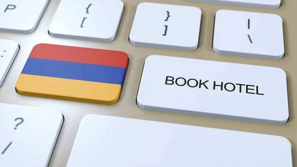 Book hotel in Armenia with website online. Button on computer keyboard. Travel concept 3D animation. Book hotel text and national flag. 3D illustration.