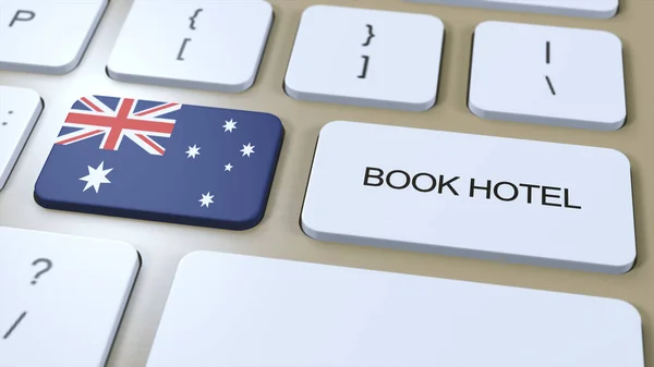 Book hotel in Australia with website online. Button on computer keyboard. Travel concept 3D animation. Book hotel text and national flag. 3D illustration.