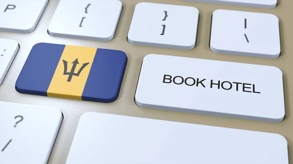 Book hotel in Barbados with website online. Button on computer keyboard. Travel concept 3D animation. Book hotel text and national flag. 3D illustration.