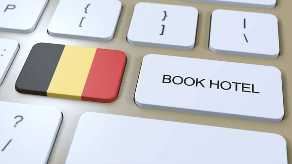 Book hotel in Belgium with website online. Button on computer keyboard. Travel concept 3D animation. Book hotel text and national flag. 3D illustration.