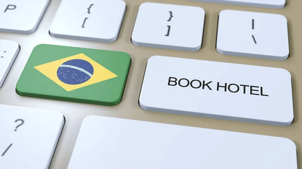 Book hotel in Brazil with website online. Button on computer keyboard. Travel concept 3D animation. Book hotel text and national flag. 3D illustration.