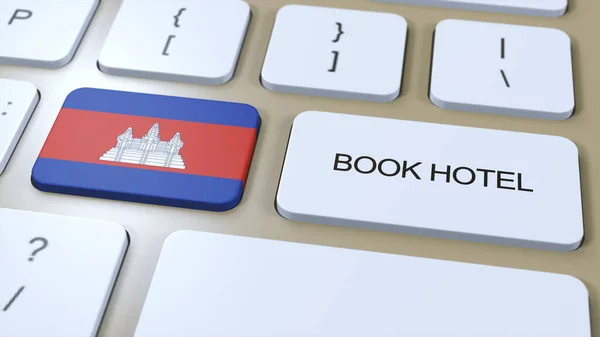 Book hotel in Cambodia with website online. Button on computer keyboard. Travel concept 3D animation. Book hotel text and national flag. 3D illustration.