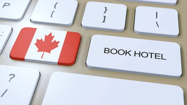 Book hotel in Canada with website online. Button on computer keyboard. Travel concept 3D animation. Book hotel text and national flag. 3D illustration.