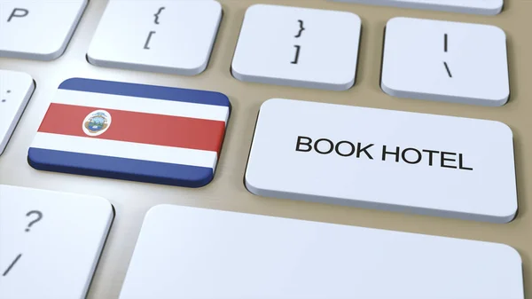 ホテルでコスタリカ オンラインでウェブサイト コンピューターのキーボードのボタン 旅行のコンセプト3Dアニメーション ホテルのテキストと国旗を予約する 3Dイラスト — ストック写真