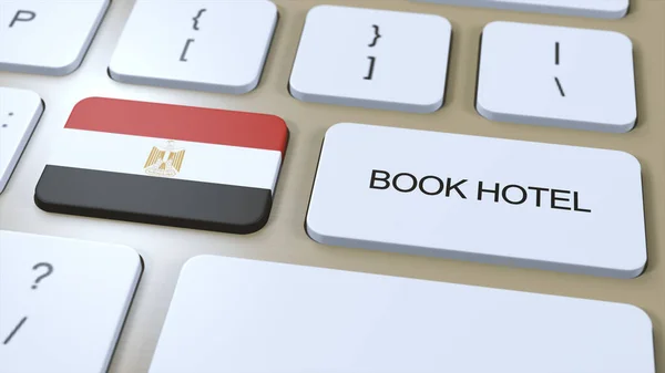 stock image Book hotel in Egypt with website online. Button on computer keyboard. Travel concept 3D animation. Book hotel text and national flag. 3D illustration.