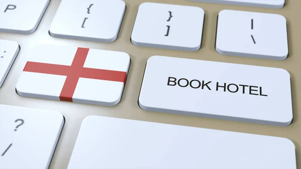 Book hotel in England with website online. Button on computer keyboard. Travel concept 3D animation. Book hotel text and national flag. 3D illustration.