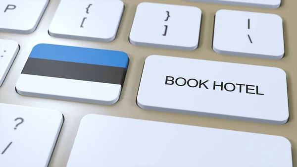 Book hotel in Estonia with website online. Button on computer keyboard. Travel concept 3D animation. Book hotel text and national flag. 3D illustration.
