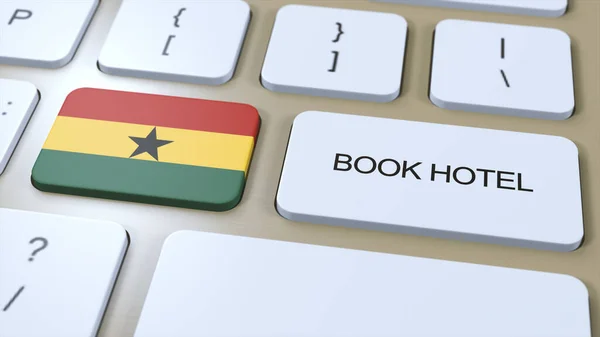 Book hotel in Ghana with website online. Button on computer keyboard. Travel concept 3D animation. Book hotel text and national flag. 3D illustration.