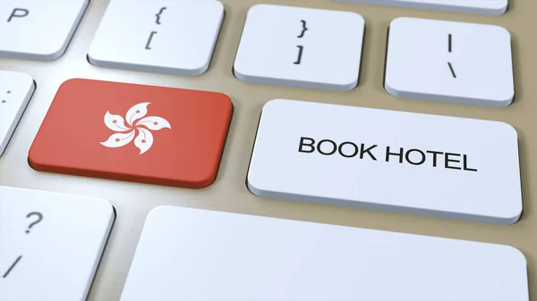 Book hotel in Hong Kong with website online. Button on computer keyboard. Travel concept 3D animation. Book hotel text and national flag. 3D illustration.