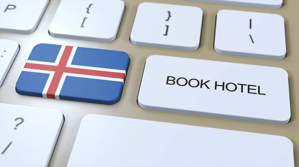 Book hotel in Iceland with website online. Button on computer keyboard. Travel concept 3D animation. Book hotel text and national flag. 3D illustration.