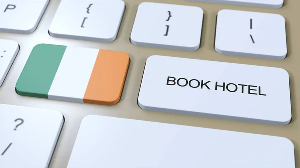Book hotel in Ireland with website online. Button on computer keyboard. Travel concept 3D animation. Book hotel text and national flag. 3D illustration.