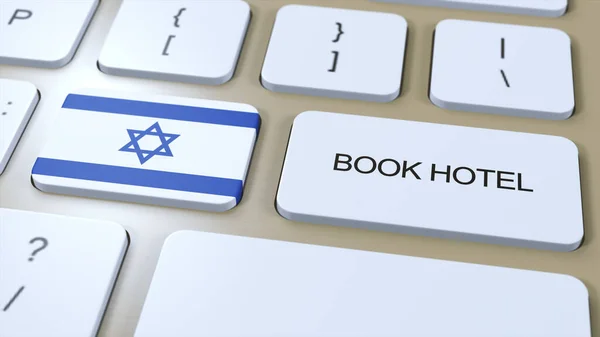 Book hotel in Israel with website online. Button on computer keyboard. Travel concept 3D animation. Book hotel text and national flag. 3D illustration.