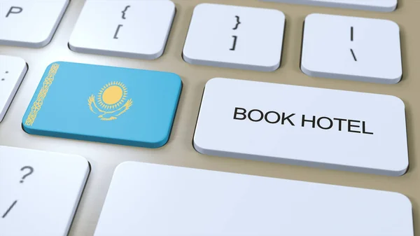 Zarezerwuj Przez Internet Hotel Kazachstan Przycisk Klawiaturze Komputera Koncepcja Podróży — Zdjęcie stockowe