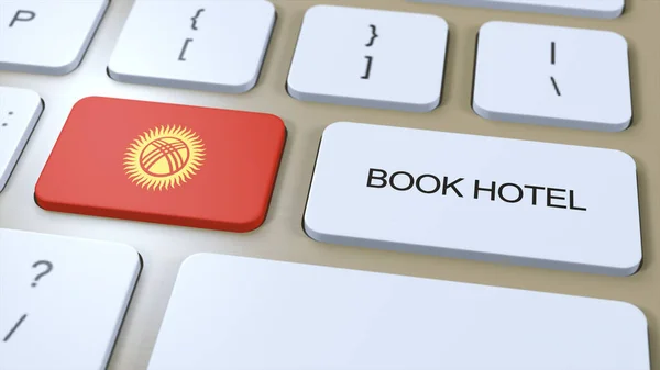 Book hotel in Kyrgyzstan with website online. Button on computer keyboard. Travel concept 3D animation. Book hotel text and national flag. 3D illustration.