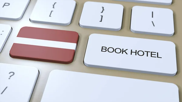 Book hotel in Latvia with website online. Button on computer keyboard. Travel concept 3D animation. Book hotel text and national flag. 3D illustration.