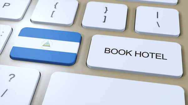 Book hotel in Nicaragua with website online. Button on computer keyboard. Travel concept 3D animation. Book hotel text and national flag. 3D illustration.
