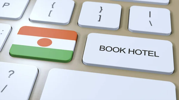 Book hotel in Niger with website online. Button on computer keyboard. Travel concept 3D animation. Book hotel text and national flag. 3D illustration.