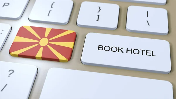 Book hotel in North Macedonia with website online. Button on computer keyboard. Travel concept 3D animation. Book hotel text and national flag. 3D illustration.