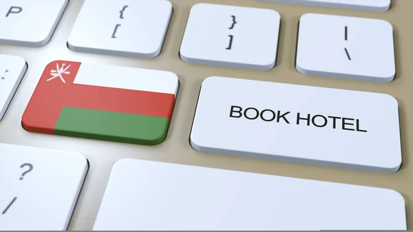 Book hotel in Oman with website online. Button on computer keyboard. Travel concept 3D animation. Book hotel text and national flag. 3D illustration.