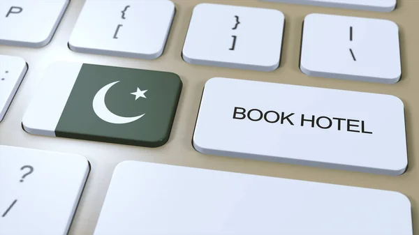 Book hotel in Pakistan with website online. Button on computer keyboard. Travel concept 3D animation. Book hotel text and national flag. 3D illustration.