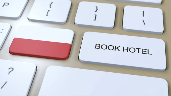 Book hotel in Poland with website online. Button on computer keyboard. Travel concept 3D animation. Book hotel text and national flag. 3D illustration.