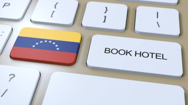 İnternet sitesi olan Venezuela 'daki bir otel rezervasyonu. Bilgisayar klavyesindeki düğme. Seyahat konsepti 3 boyutlu animasyon. Otel metni ve ulusal bayrak rezervasyonu. 3B illüstrasyon.