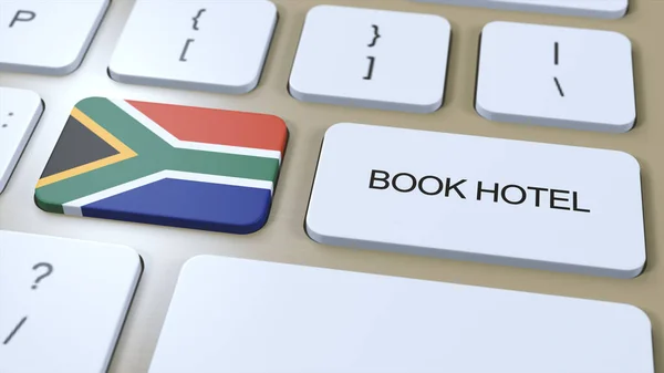 在南非预订酒店 网上设有网站 按一下电脑键盘 旅行概念3D动画 预订酒店文本和国旗 3D插图 — 图库照片