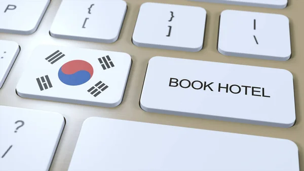 Book hotel in South Korea with website online. Button on computer keyboard. Travel concept 3D animation. Book hotel text and national flag. 3D illustration.