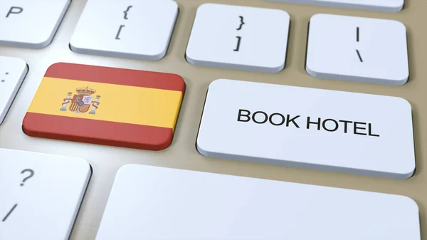 ホテルでスペイン スペイン コンピューターのキーボードのボタン 旅行のコンセプト3Dアニメーション ホテルのテキストと国旗を予約する 3Dイラスト — ストック写真